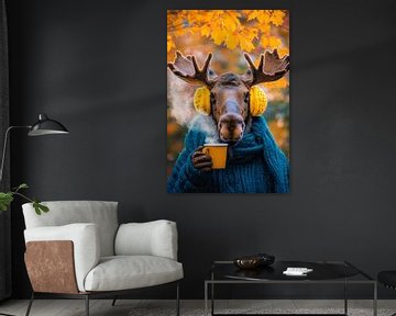 Gezellige eland met een warme drank - herfstmagie van Poster Art Shop