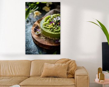 Groene kiwitaart met eetbare bloemen van Poster Art Shop