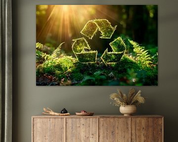 Groen recyclingsymbool in het boslicht van Poster Art Shop