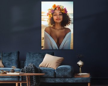 Young woman with wreath of flowers on the beach by Poster Art Shop