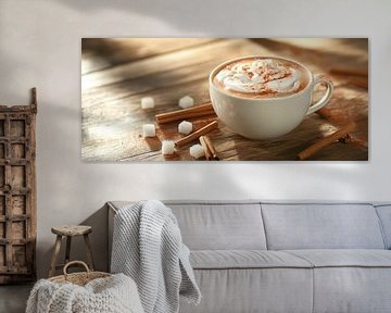 Koffiekopje met room en kaneelstokjes van Poster Art Shop