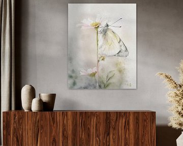 Vlinder op witte margriet, serie: Flora en fauna in pastel van Studio Pieternel