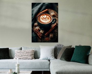 Koffiekopje met latte en kaneelstokjes van Poster Art Shop