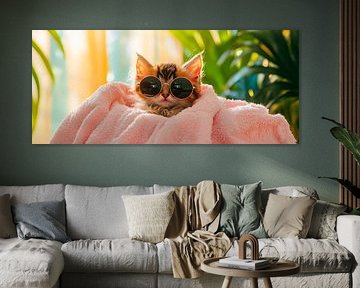 Kat met zonnebril in knuffeldoekje van Poster Art Shop