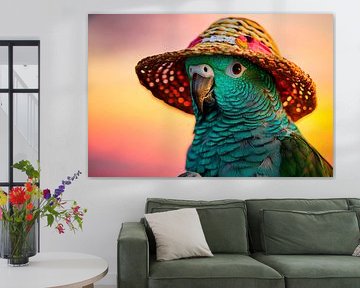 Perroquet avec sombrero au coucher du soleil sur Poster Art Shop
