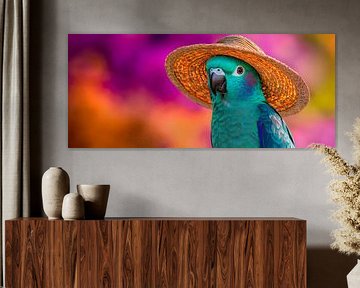 Parrot with straw hat in front of a colourful background by Poster Art Shop