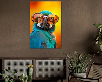 Parrot with sunglasses in front of sunset by Poster Art Shop