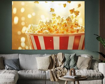 Bulging popcorn bucket in front of a glittery background by Poster Art Shop