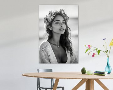 Portrait of a woman with a wreath of flowers - black and white by Poster Art Shop