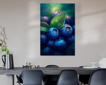 Sappige bosbessen met druppels en bladeren van Poster Art Shop