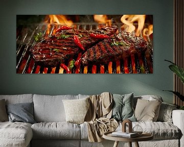 Juicy steaks on the grill with chilli by Poster Art Shop