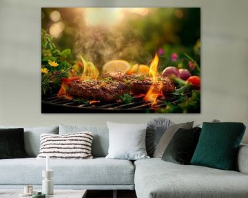 Saftige Steaks auf dem Grill bei Sonnenuntergang von Poster Art Shop