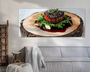 Juicy fillet of beef on a wooden platter by Poster Art Shop