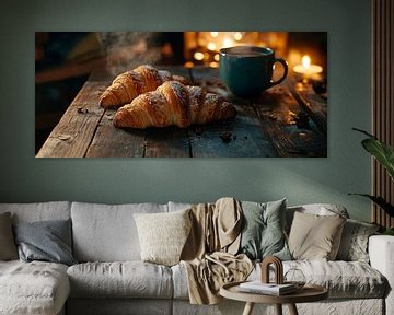Warme croissant en koffie bij de open haard van Poster Art Shop