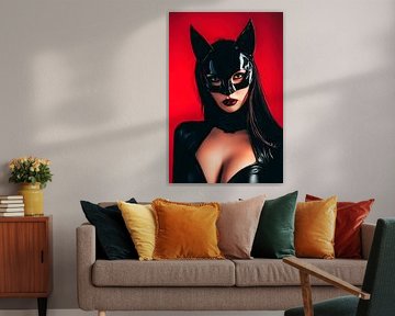 Seductive cat costume against a red background by Poster Art Shop