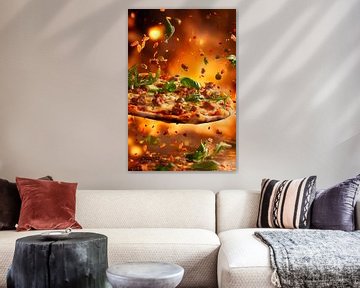 Vliegende pizza met verse ingrediënten van Poster Art Shop