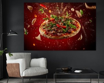 Flying pizza with fresh ingredients by Poster Art Shop