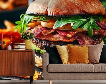 Saftiger Burger mit Süßkartoffelpommes von Poster Art Shop