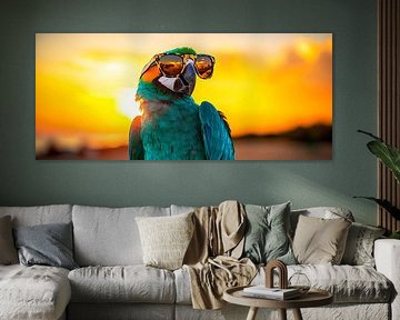 Papagei mit Sonnenbrille im Sonnenuntergang von Poster Art Shop