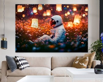 Astronaut in het bloemenveld bij nacht van Poster Art Shop