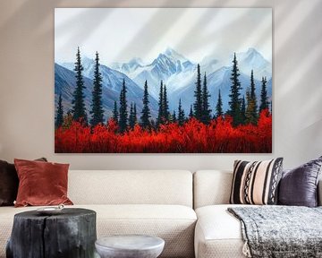 Berglandschap met rood bos van Poster Art Shop