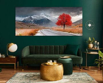 Eenzame rode boom in het landschap van Poster Art Shop