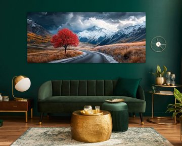 Eenzame rode boom in herfstlandschap van Poster Art Shop