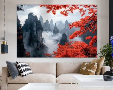 Rotsachtig landschap met rode bladeren van Poster Art Shop