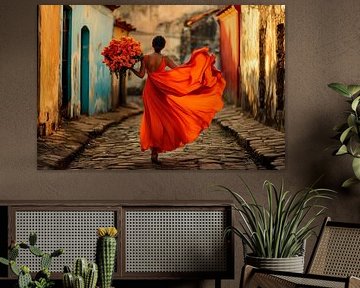 Woman with orange dress and bouquet of flowers by Poster Art Shop