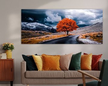 Herfstboom op het pad - Dramatisch landschap van Poster Art Shop