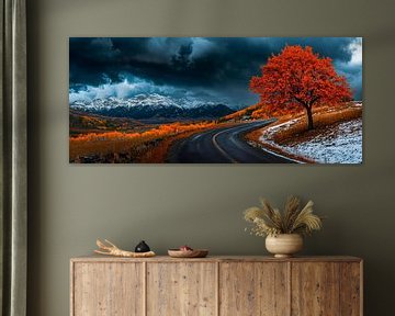 Herfstboom op de weg - Dramatisch van Poster Art Shop