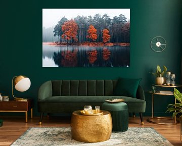 Herfstige boomreflectie in de mist van Poster Art Shop