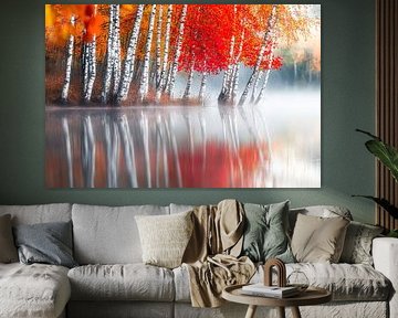 Paysage automnal de bouleaux au bord de l'eau sur Poster Art Shop