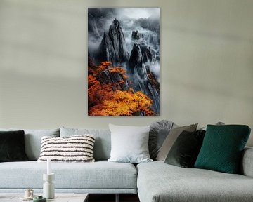 Herfstachtig rotslandschap met mist van Poster Art Shop
