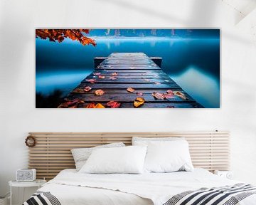 Herfst loopbrug op rustig water van Poster Art Shop