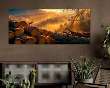 Houtstapel bij zonsopgang - natuurlijke schoonheid van Poster Art Shop