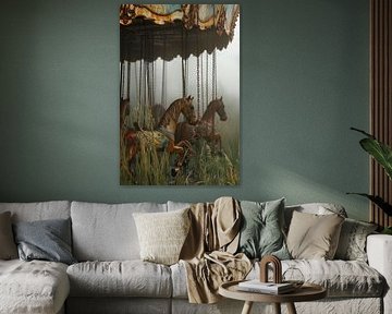 Carousel horses in the fog - Nostalgia by Poster Art Shop