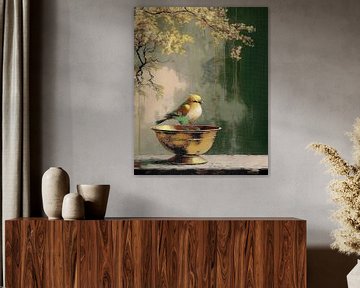 Stilleven schilderij. Nieuwsgierig vogeltje op koperen schaal van Studio Pieternel