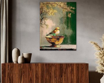 Stilleven schilderij. Nieuwsgierig vogeltje op koperen schaal van Studio Pieternel
