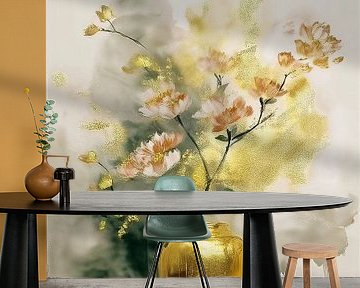 Sfeervol stilleven schilderij. Bloesemtak in gouden vaas van Studio Pieternel
