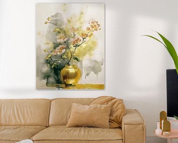 Sfeervol stilleven schilderij. Bloesemtak in gouden vaas van Studio Pieternel