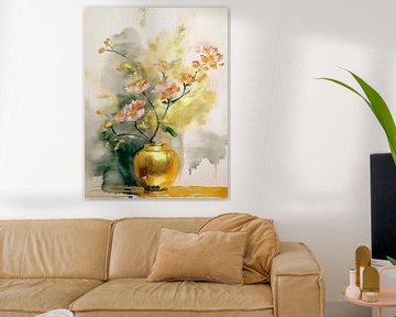 Sfeervol stilleven schilderij. Bloesemtak in gouden vaas van Studio Pieternel