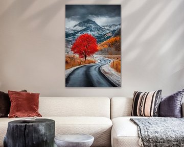 Roodbladige boom in een winterlandschap van Poster Art Shop