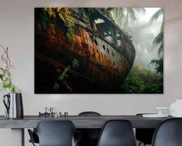 Roestig schip in tropische vegetatie van Poster Art Shop