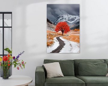 Rode loofboom in het winterlandschap van Poster Art Shop