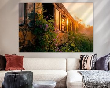 Wrakke trein met planten - zonsondergang van Poster Art Shop