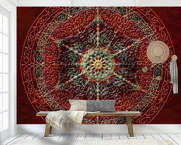 Mandala, rood met verdikte, opliggende lijnen van Rietje Bulthuis