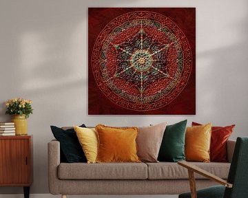 Mandala, rood met verdikte, opliggende lijnen van Rietje Bulthuis