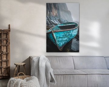 Abandoned blue boat in fog by Poster Art Shop