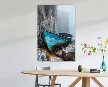 Abandoned boat in a foggy coastal landscape by Poster Art Shop